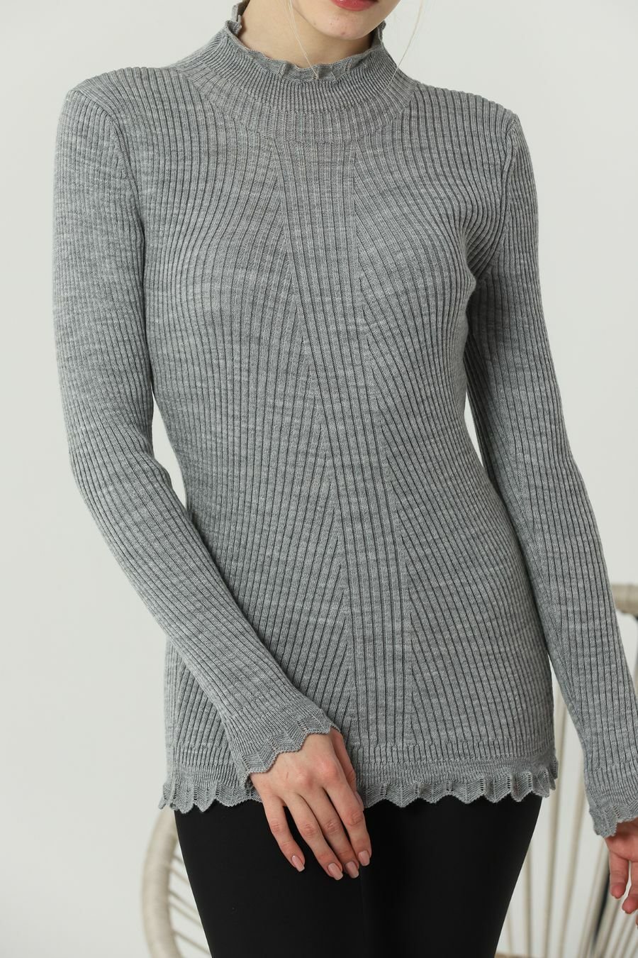 Kadın Kol ve Yaka Ucu Dantel Triko Kazak Gri