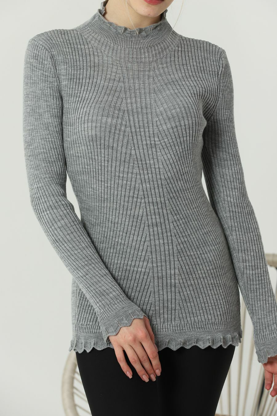 Kadın Kol ve Yaka Ucu Dantel Triko Kazak Gri