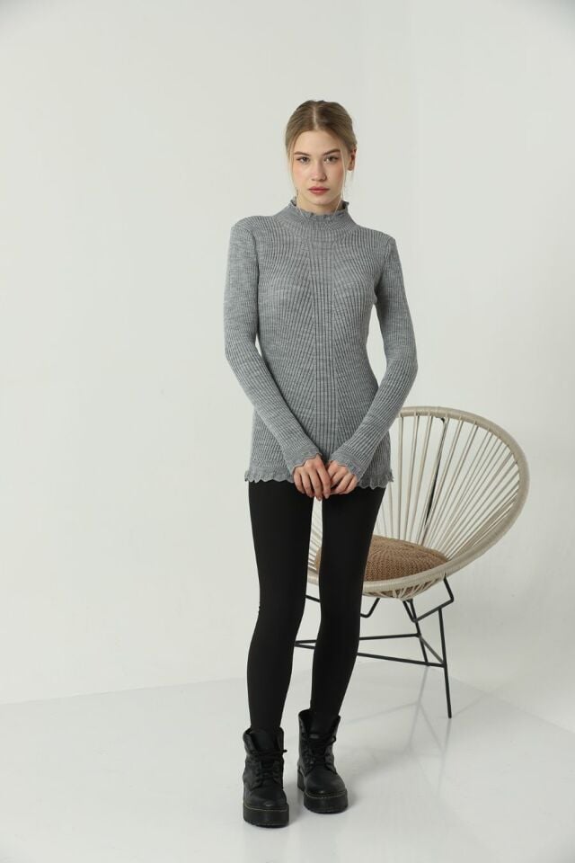 Kadın Kol ve Yaka Ucu Dantel Triko Kazak Gri