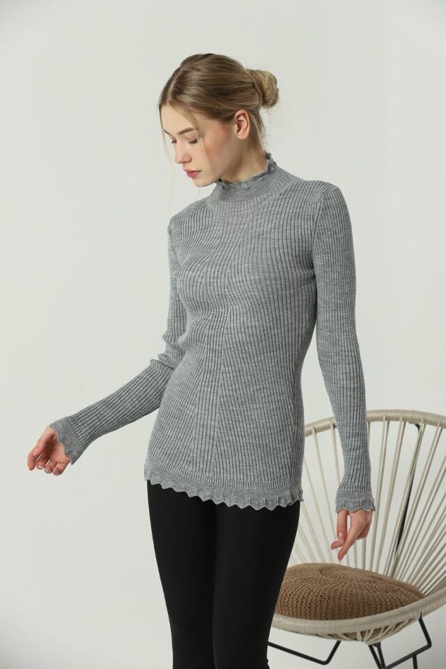 Kadın Kol ve Yaka Ucu Dantel Triko Kazak Gri