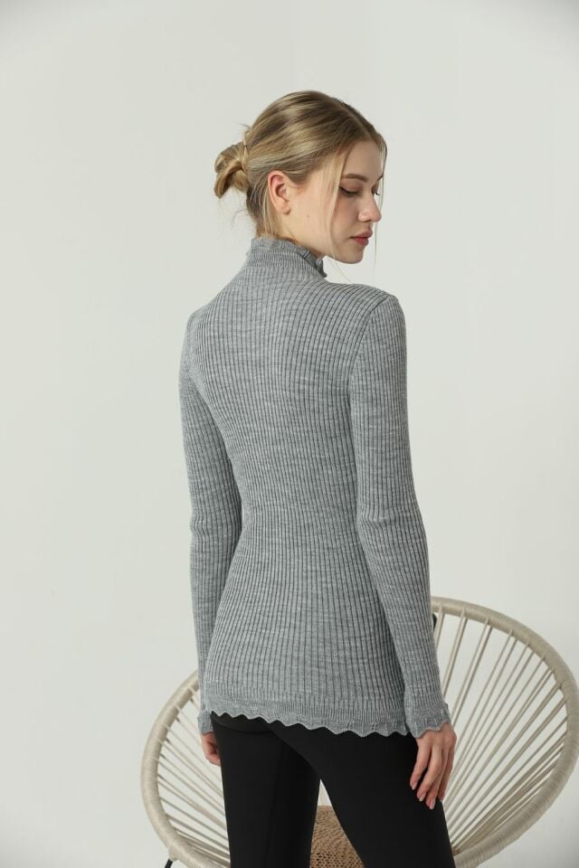 Kadın Kol ve Yaka Ucu Dantel Triko Kazak Gri