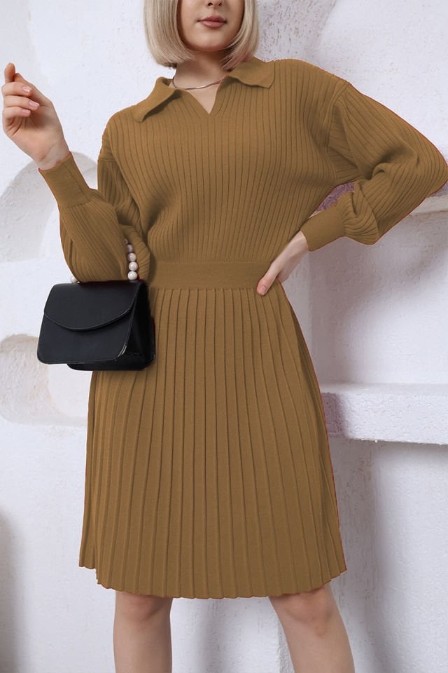 Kamel Polo V Yaka Pileli Etekli Triko Elbise