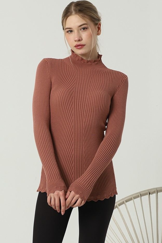 Kadın Kol ve Yaka Ucu Dantel Triko Kazak Gül Kurusu