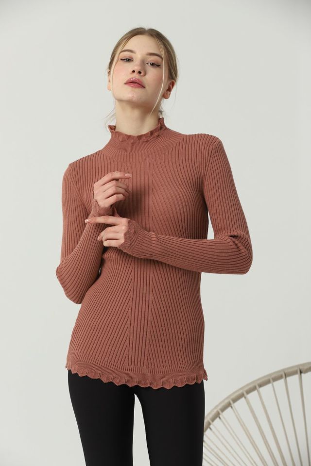 Kadın Kol ve Yaka Ucu Dantel Triko Kazak Gül Kurusu