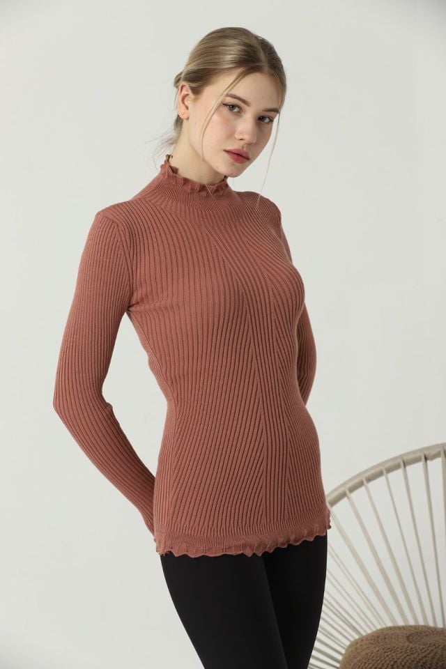 Kadın Kol ve Yaka Ucu Dantel Triko Kazak Gül Kurusu