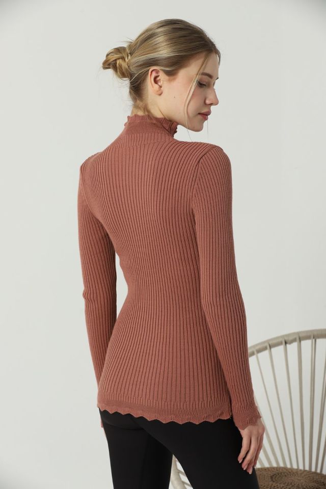 Kadın Kol ve Yaka Ucu Dantel Triko Kazak Gül Kurusu