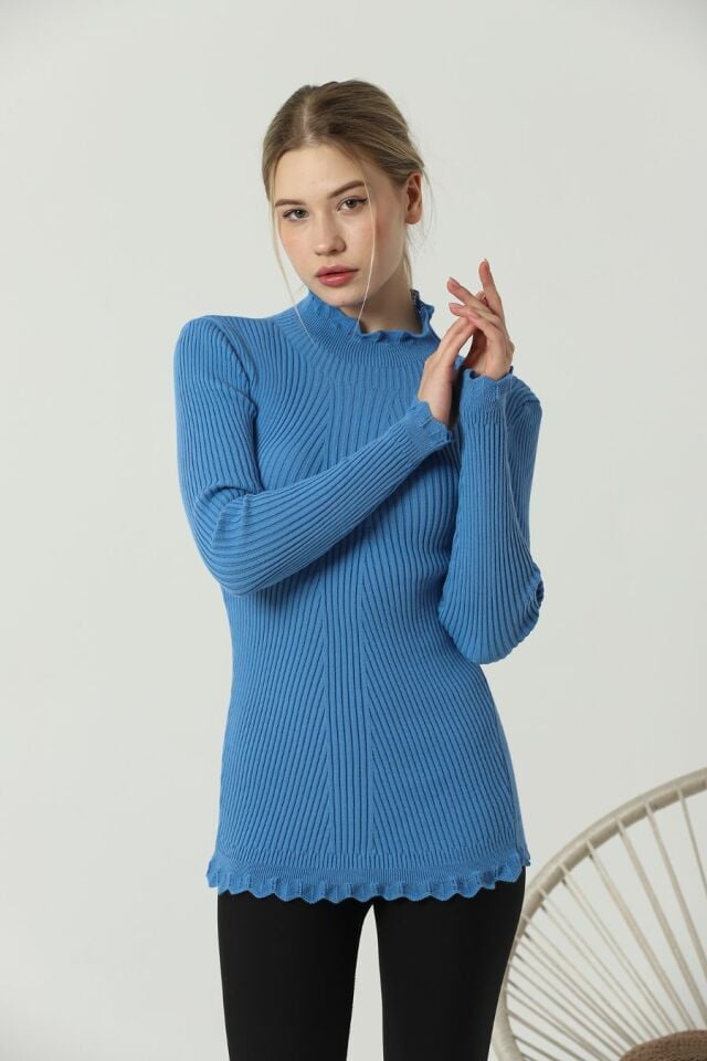 Kadın Kol ve Yaka Ucu Dantel Triko Kazak İndigo Mavi