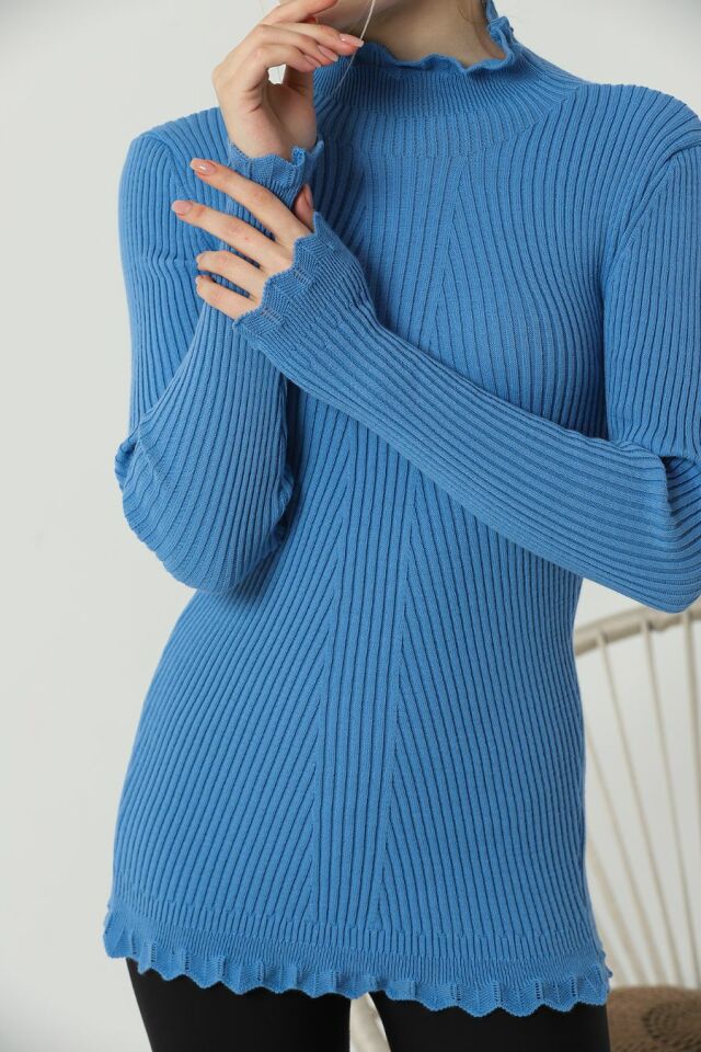 Kadın Kol ve Yaka Ucu Dantel Triko Kazak İndigo Mavi