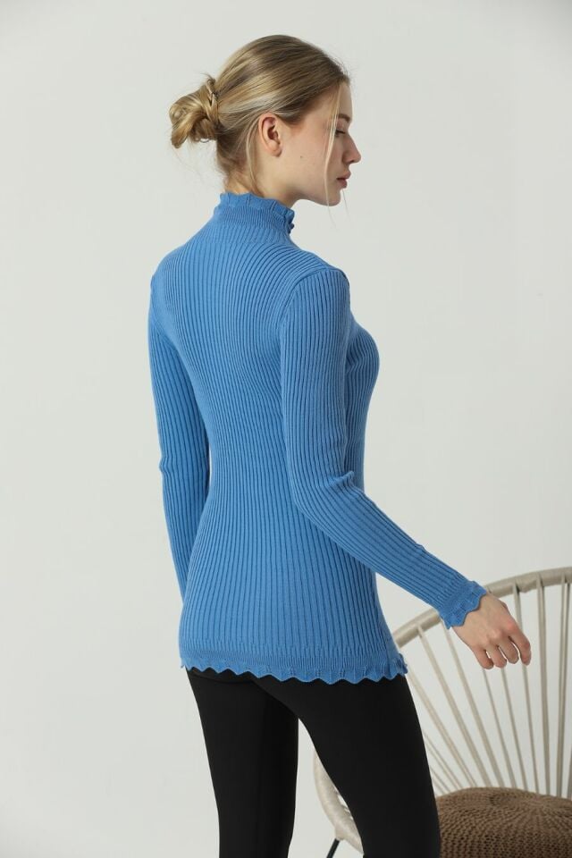 Kadın Kol ve Yaka Ucu Dantel Triko Kazak İndigo Mavi