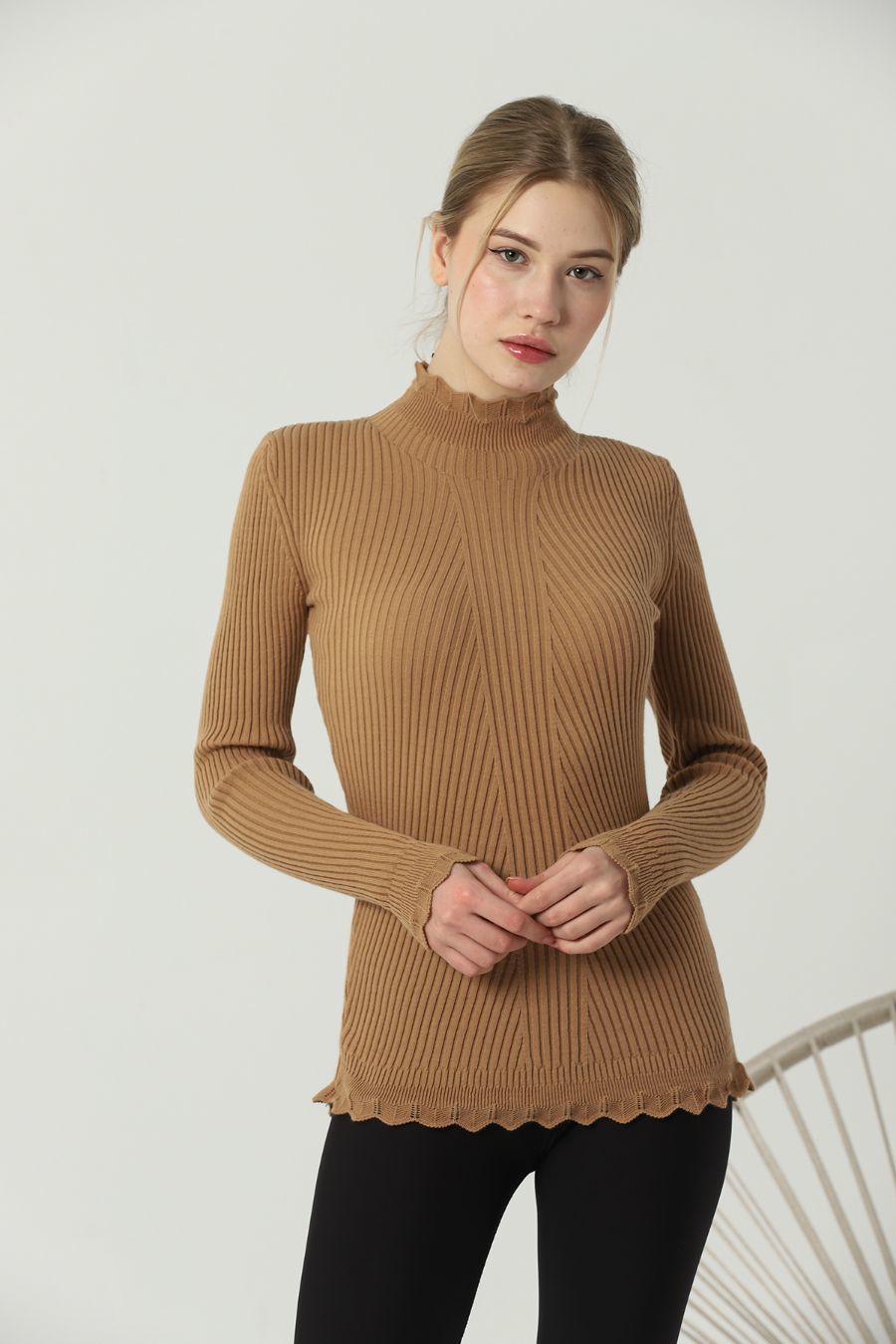 Kadın Kol ve Yaka Ucu Dantel Triko Kazak Kamel