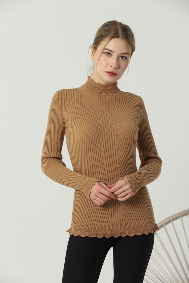 Kadın Kol ve Yaka Ucu Dantel Triko Kazak Kamel