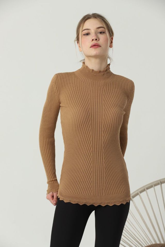 Kadın Kol ve Yaka Ucu Dantel Triko Kazak Kamel