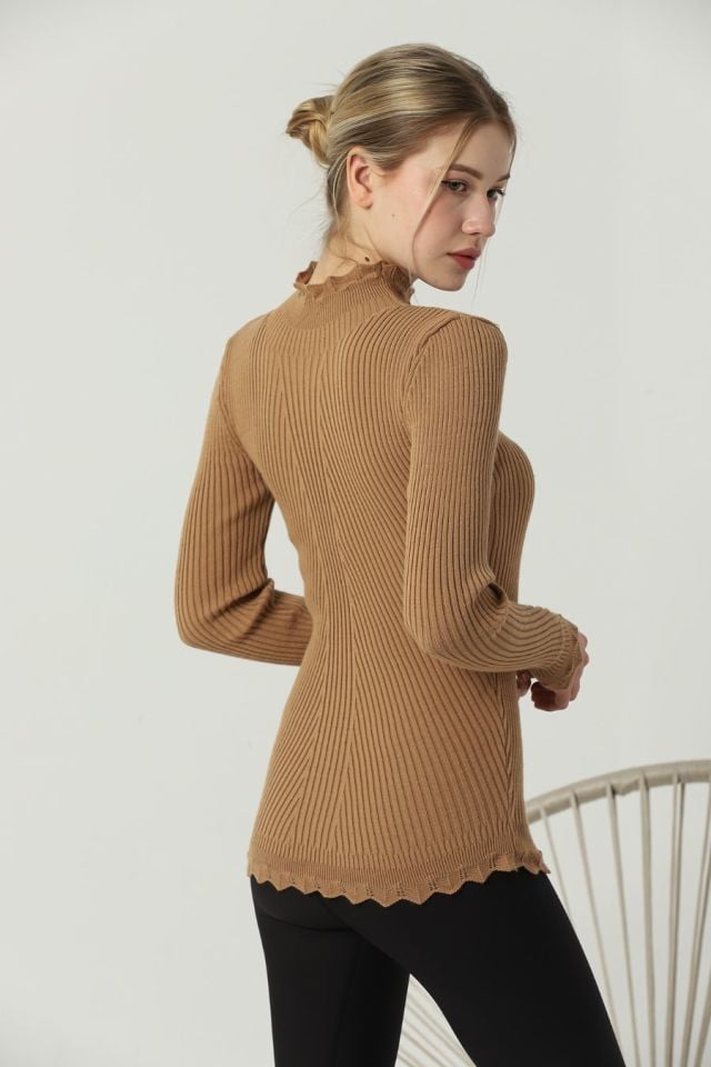 Kadın Kol ve Yaka Ucu Dantel Triko Kazak Kamel