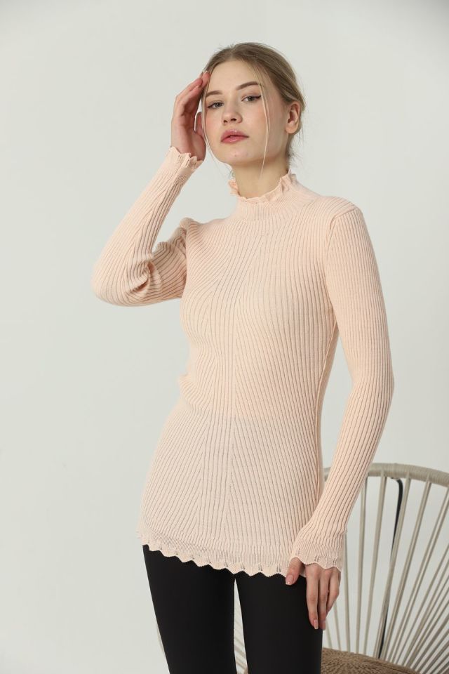 Kadın Kol ve Yaka Ucu Dantel Triko Kazak Pudra