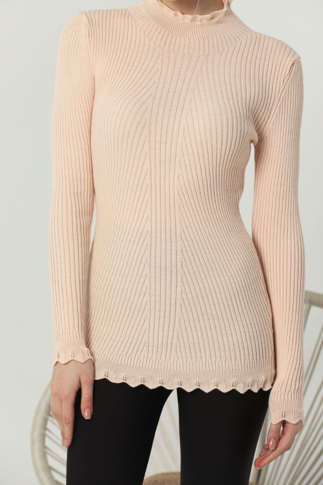 Kadın Kol ve Yaka Ucu Dantel Triko Kazak Pudra