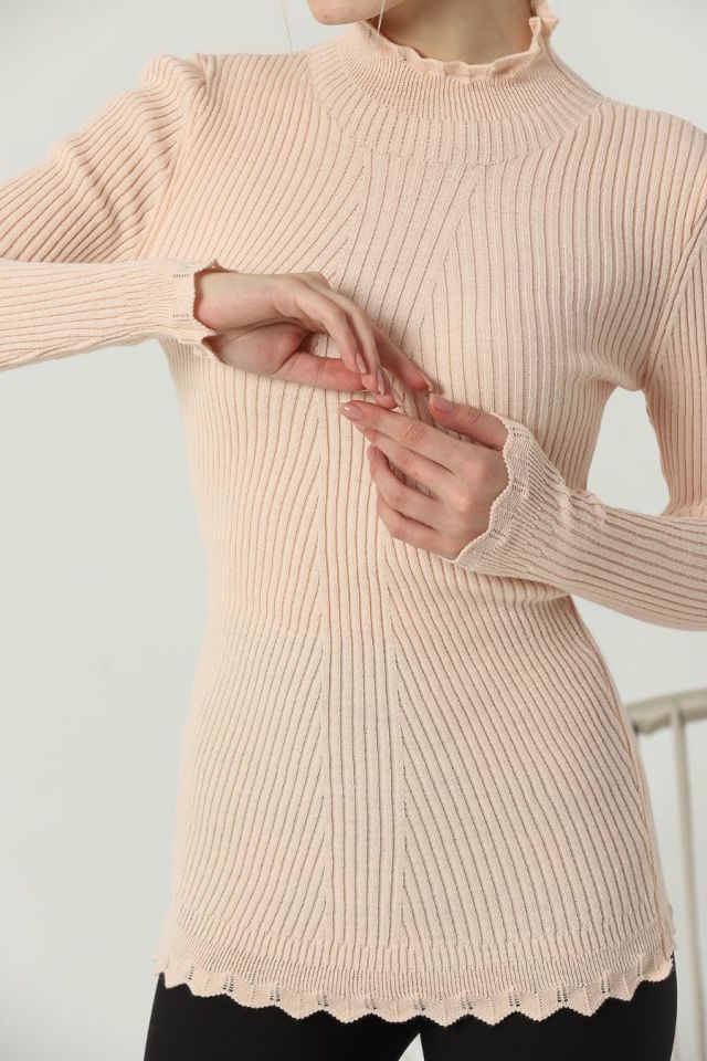 Kadın Kol ve Yaka Ucu Dantel Triko Kazak Pudra