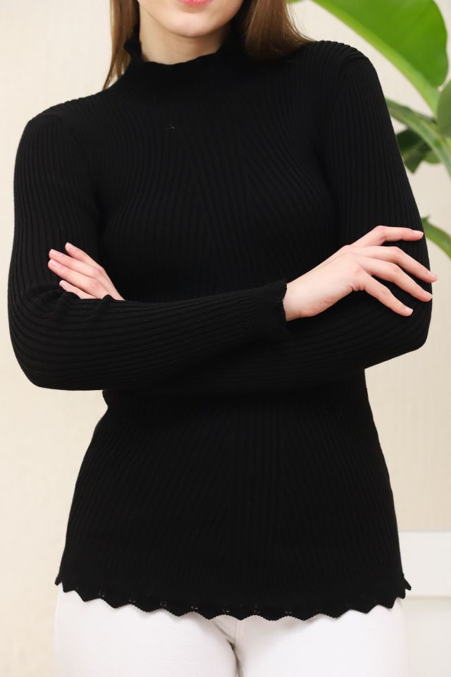 Kadın Kol ve Yaka Ucu Dantel Triko Kazak Siyah