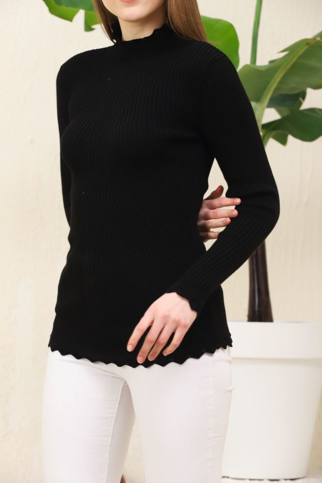 Kadın Kol ve Yaka Ucu Dantel Triko Kazak Siyah