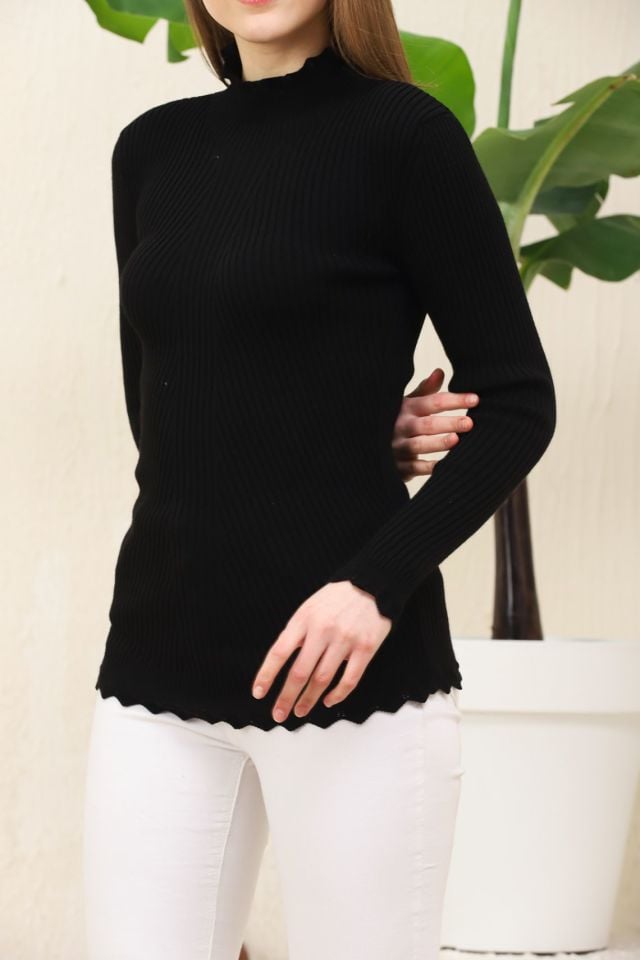 Kadın Kol ve Yaka Ucu Dantel Triko Kazak Siyah