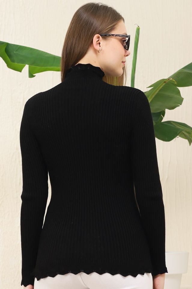 Kadın Kol ve Yaka Ucu Dantel Triko Kazak Siyah