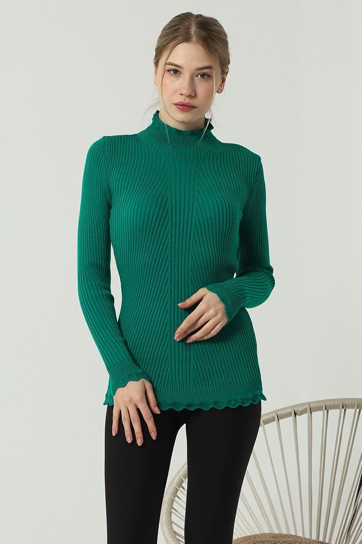 Kadın Kol ve Yaka Ucu Dantel Triko Kazak Yeşil