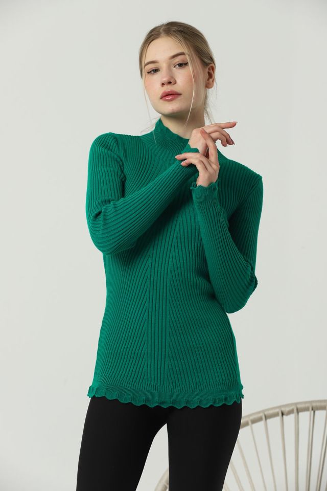 Kadın Kol ve Yaka Ucu Dantel Triko Kazak Yeşil