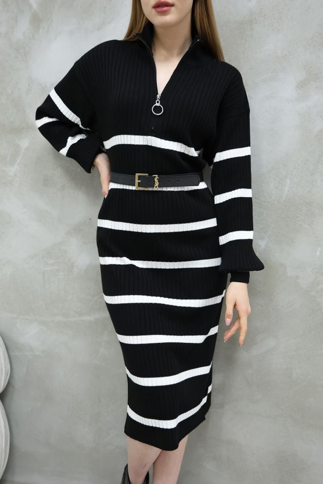Kadın Siyah Ekru Çizgili Fermuarlı Yarım Balıkçı Uzun Triko Elbise