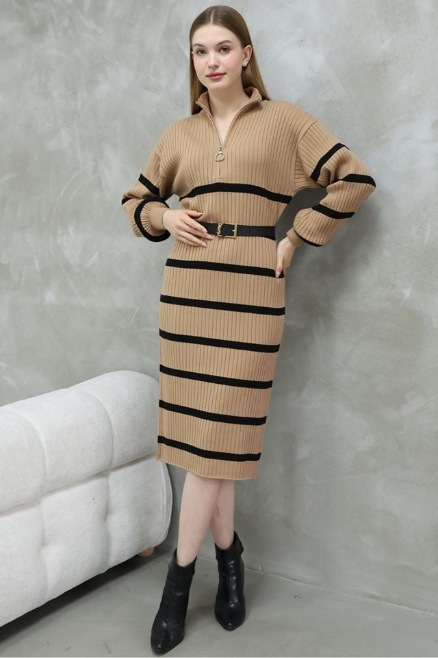 Kadın Kamel Siyah Çizgili Fermuarlı Yarım Balıkçı Uzun Triko Elbise