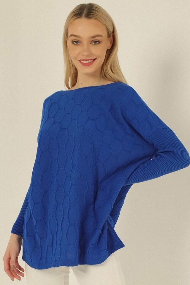 Kadın Saks Mavi Petek Desen İnce Panço Triko Kazak