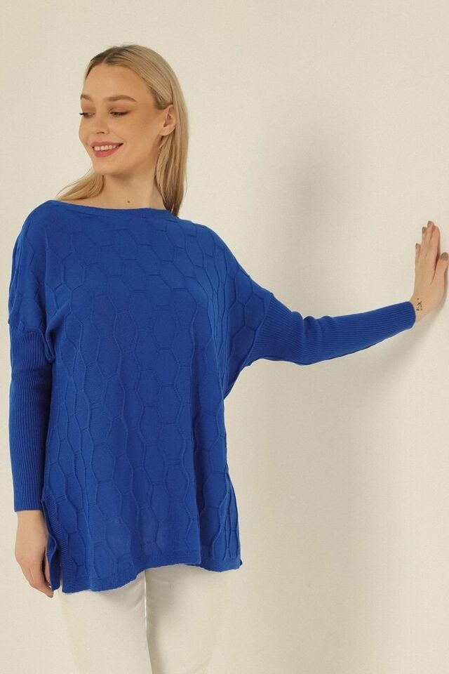 Kadın Saks Mavi Petek Desen İnce Panço Triko Kazak