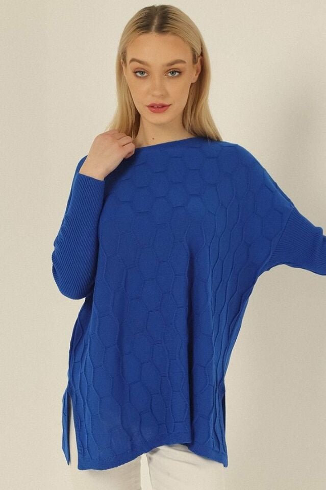 Kadın Saks Mavi Petek Desen İnce Panço Triko Kazak