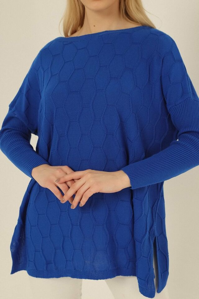 Kadın Saks Mavi Petek Desen İnce Panço Triko Kazak