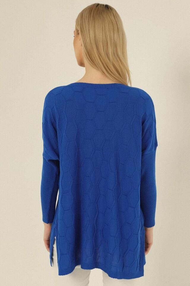 Kadın Saks Mavi Petek Desen İnce Panço Triko Kazak