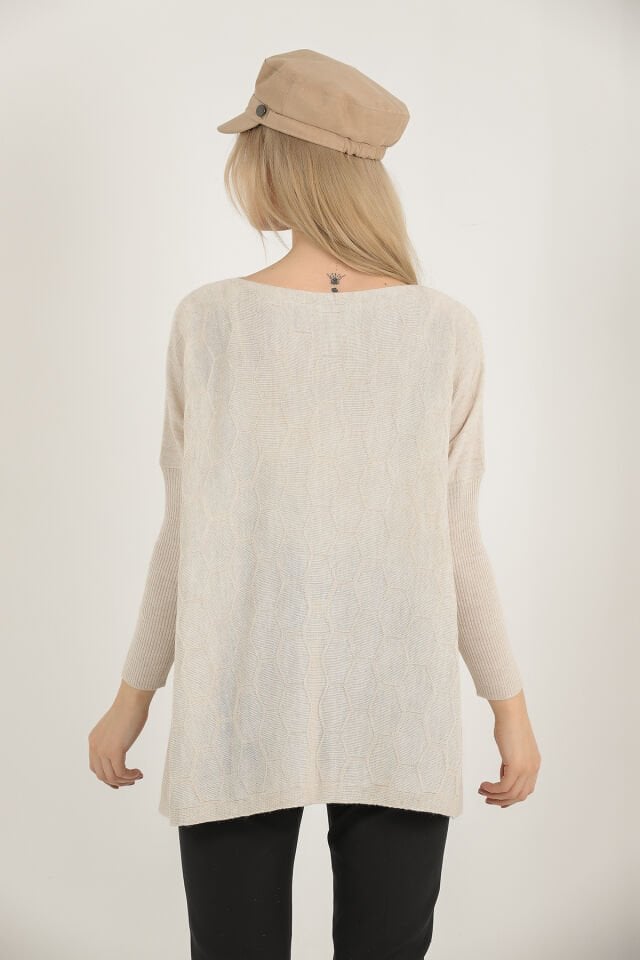 Kadın Bej Petek Desen İnce Panço Triko Kazak