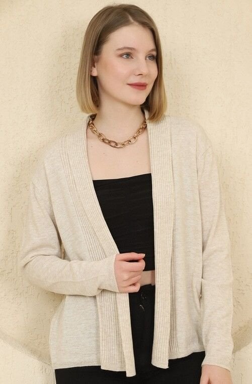 Kadın Bej Fitilli İnce Triko Hırka