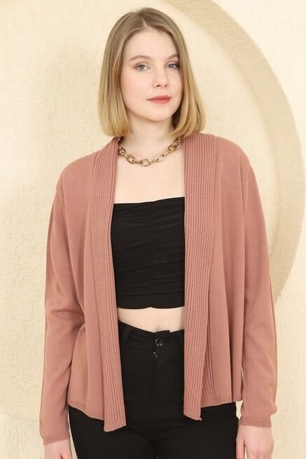 Kadın Gül Kurusu Fitilli İnce Triko Hırka