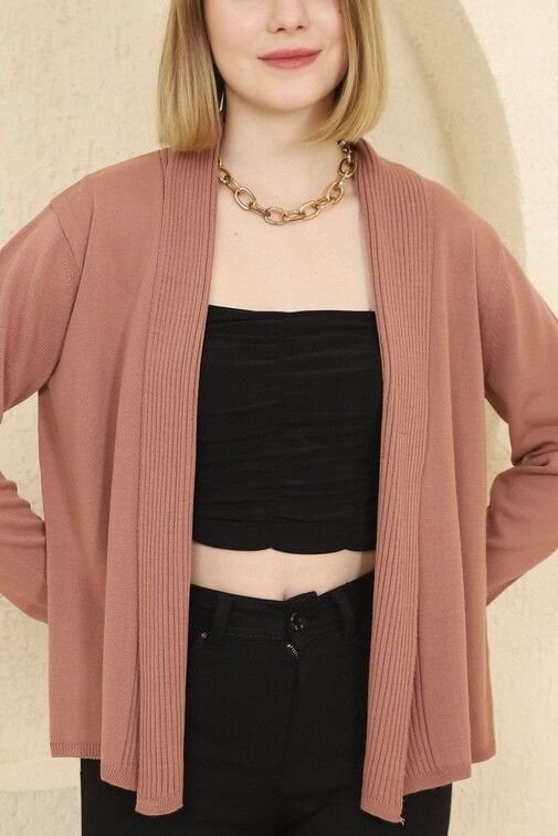 Kadın Gül Kurusu Fitilli İnce Triko Hırka