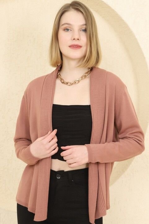 Kadın Gül Kurusu Fitilli İnce Triko Hırka