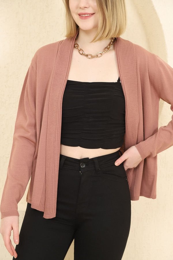 Kadın Gül Kurusu Fitilli İnce Triko Hırka