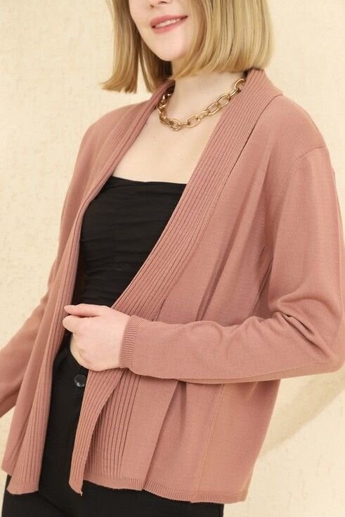 Kadın Gül Kurusu Fitilli İnce Triko Hırka