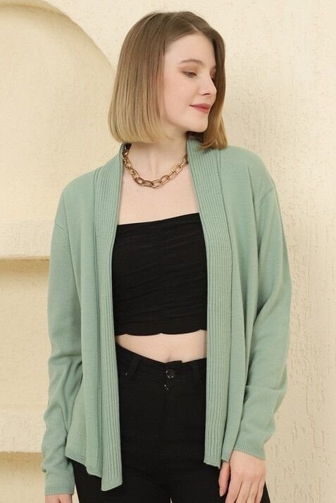 Kadın Çağla Yeşil Fitilli İnce Triko Hırka