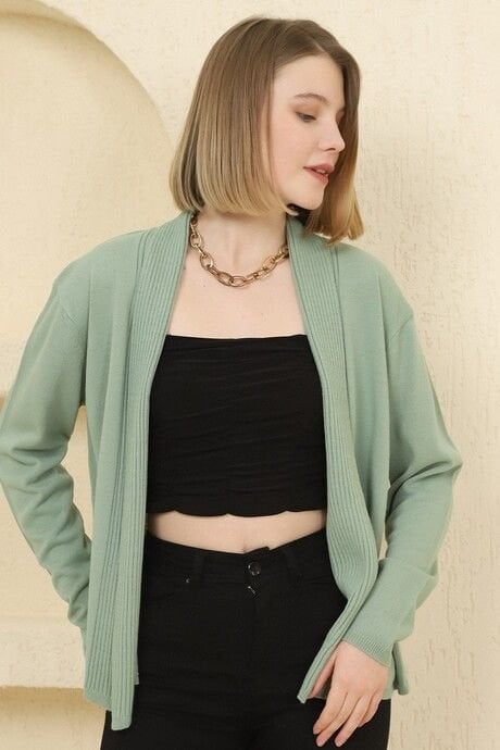 Kadın Çağla Yeşil Fitilli İnce Triko Hırka