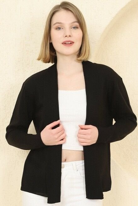 Kadın Siyah Fitilli İnce Triko Hırka