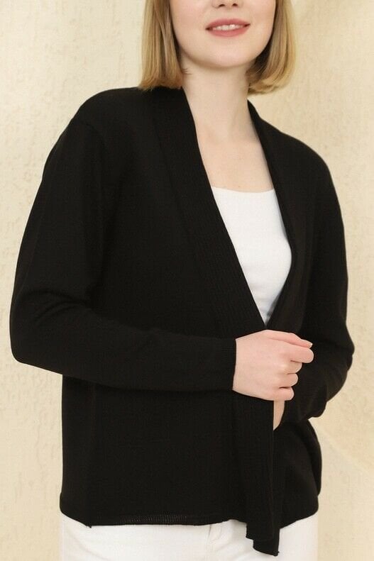 Kadın Siyah Fitilli İnce Triko Hırka