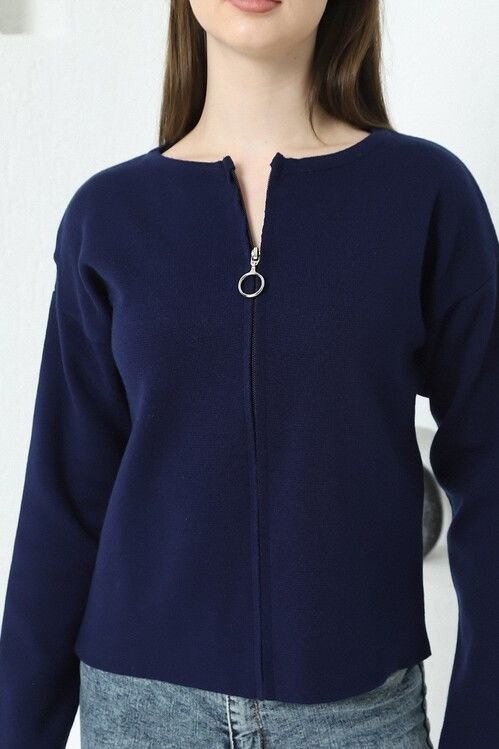 Kadın Lacivert Çelik Örgü Fermuarlı Triko Hırka