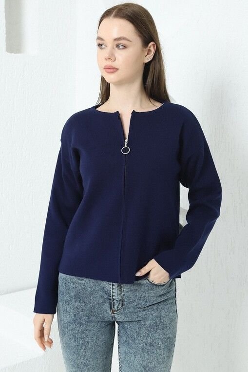 Kadın Lacivert Çelik Örgü Fermuarlı Triko Hırka