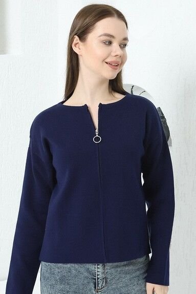 Kadın Lacivert Çelik Örgü Fermuarlı Triko Hırka