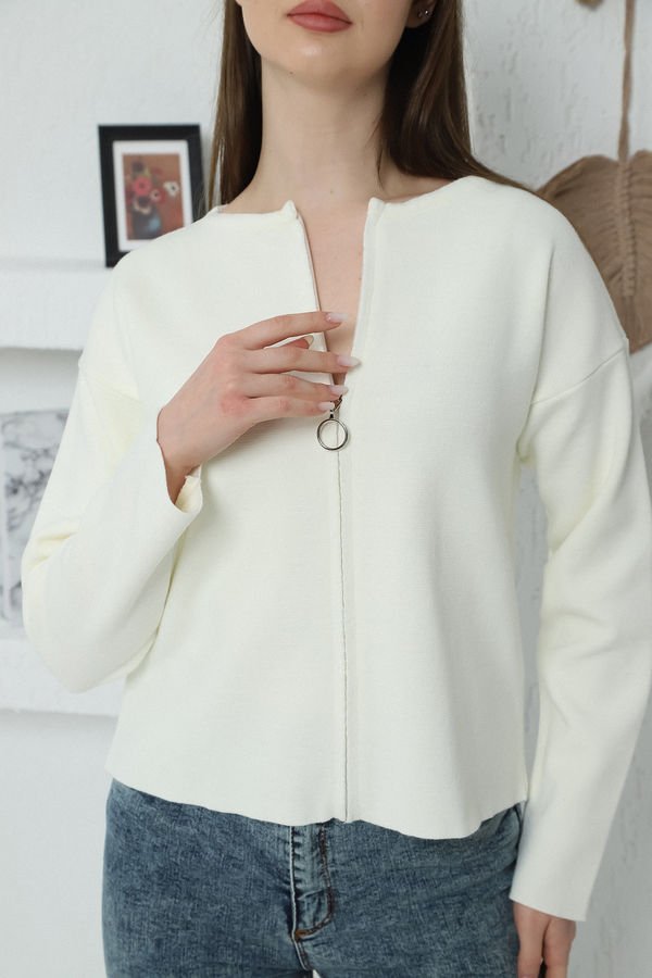 Kadın Ekru Çelik Örgü Fermuarlı Triko Hırka