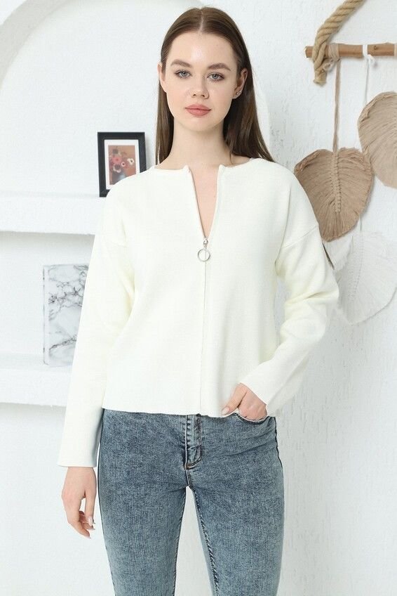 Kadın Ekru Çelik Örgü Fermuarlı Triko Hırka