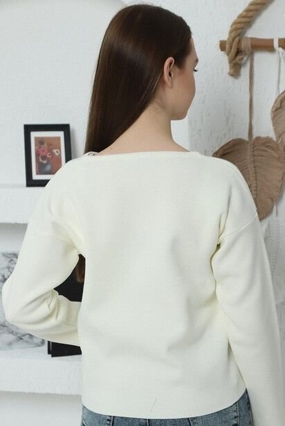 Kadın Ekru Çelik Örgü Fermuarlı Triko Hırka